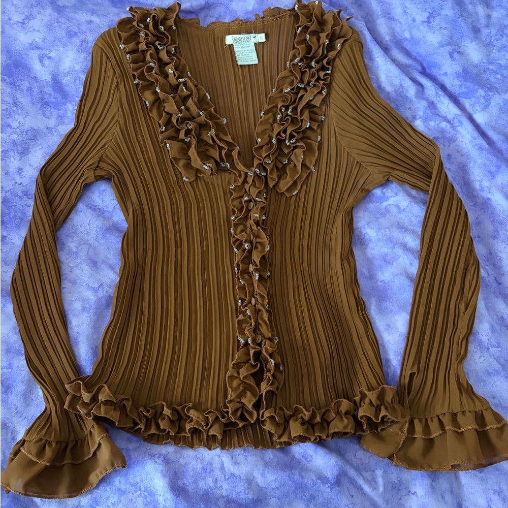 Vintage Seessel Ruffled Beaded Brown Longsleeve Blouse